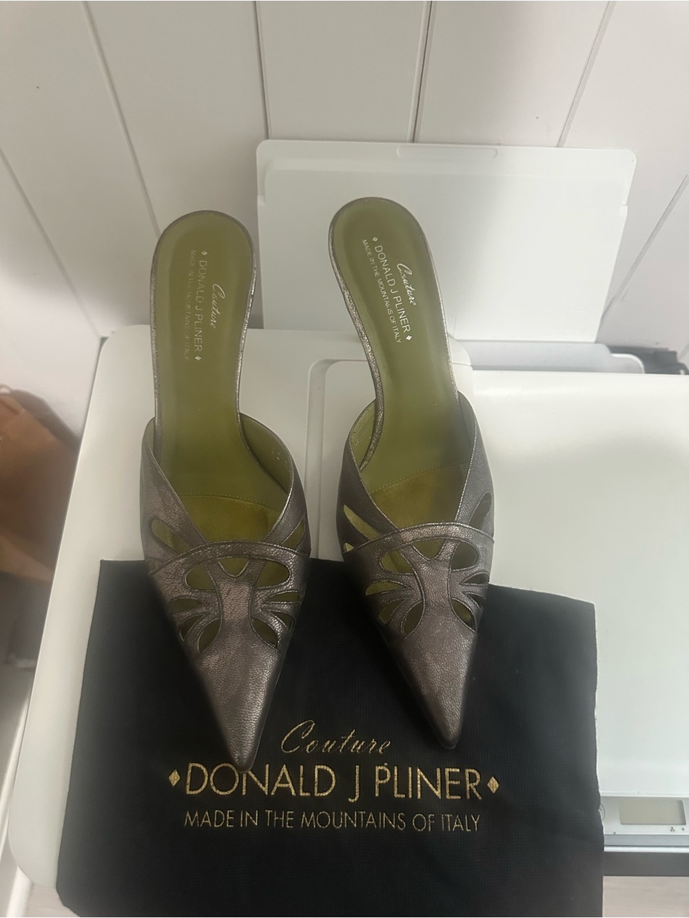 Donald J. Pliner Metallic Pewter Pointed Slip-On Mules
